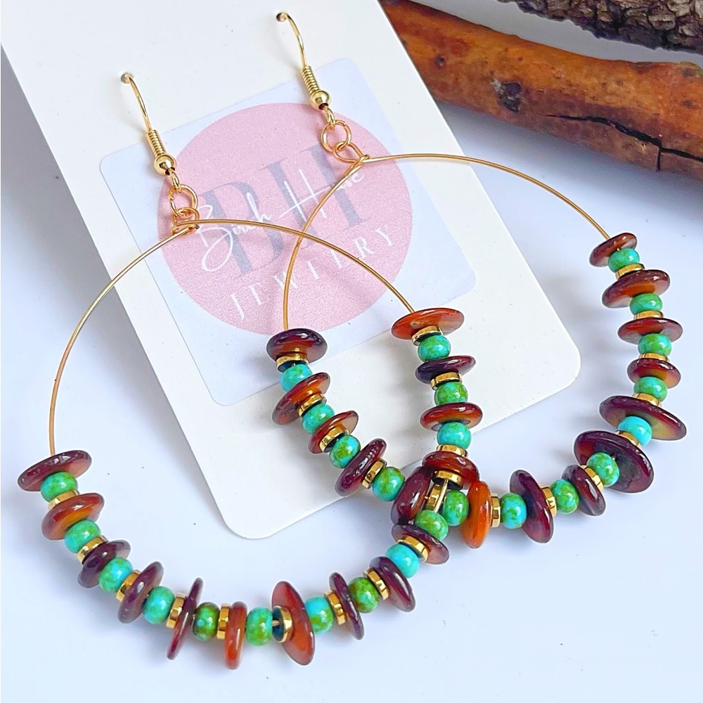 NWT Hamdmade Tribal Waters Turquoise and Amber Beaded Gold Hoop Earrings - Picture 2 of 4